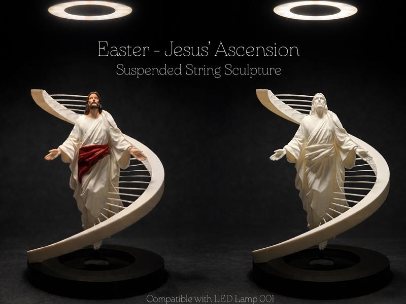 3D model of Jesus ascending a DNA helix structure, presented as a suspended string sculpture with a halo effect.