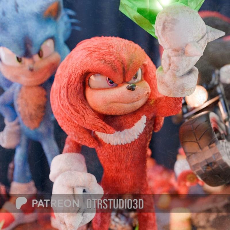Knuckles the Echidna figure holding a Master Emerald shard, with Sonic the Hedgehog in the background. DTR Studio model.