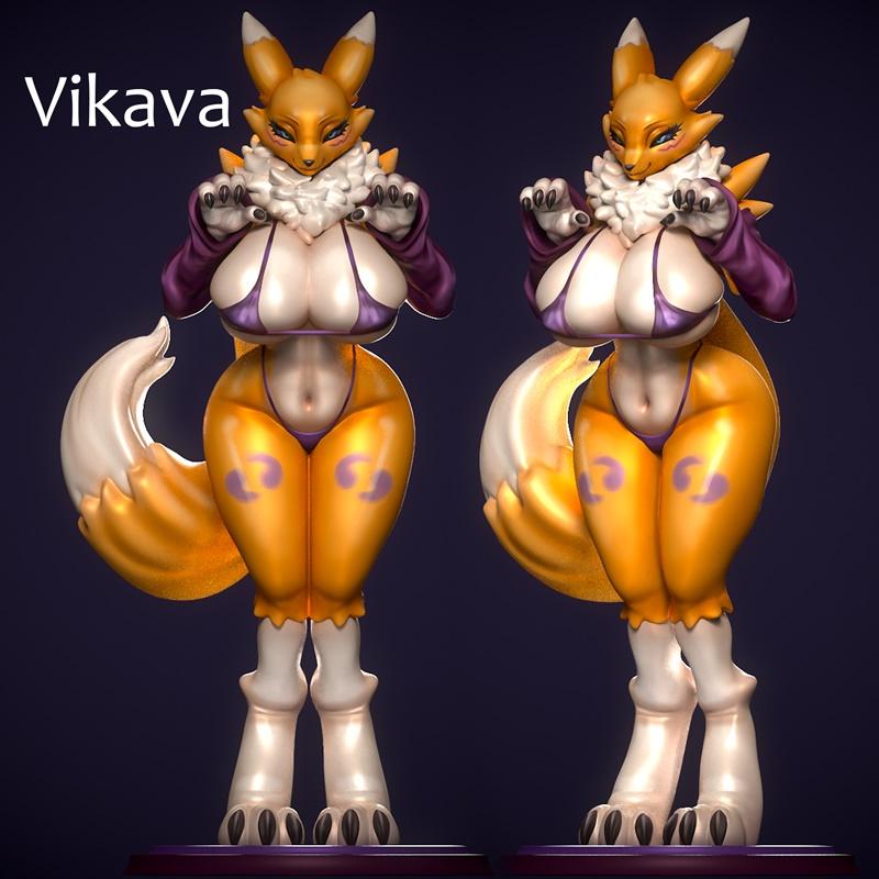 3D model of Renamon from Digimon, presented by Vikava, wearing a purple bikini and jacket, shown from front and side.