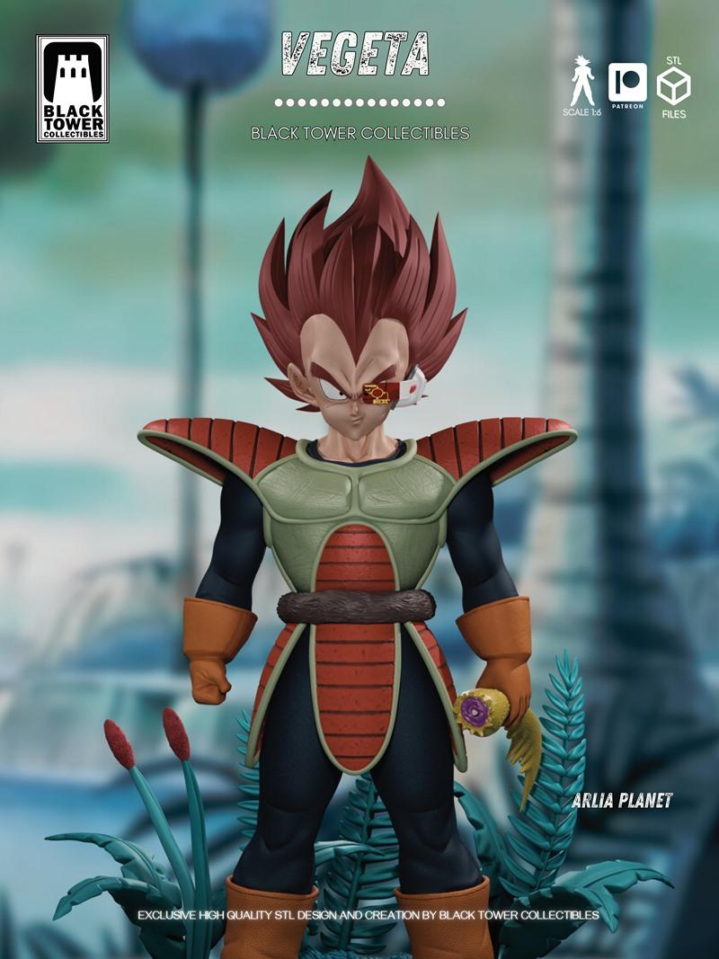 Vegeta figure in Saiyan armor with red spiky hair and a scouter, holding a yellow object. Black Tower Collectibles lo...