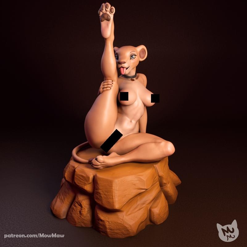 Anthropomorphic Nala from The Lion King, posed suggestively on a rock, with one leg raised high. Nude figure with bla...