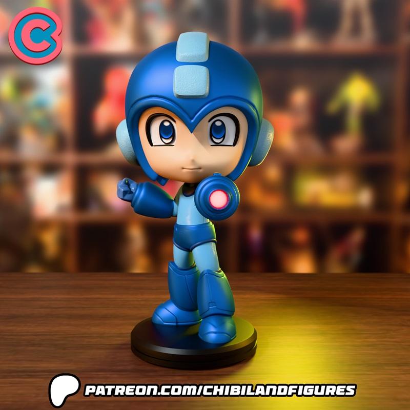 Chibi Mega Man figure with large blue helmet, big eyes, and glowing Mega Buster, standing on a black base. Model by C...