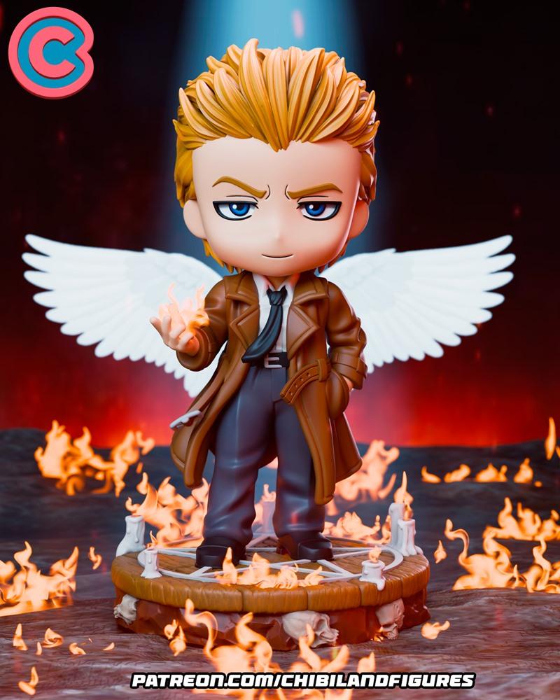 Chibi Hellblazer figure with blonde hair, brown trench coat, and white wings, standing on a fiery pentagram base with...