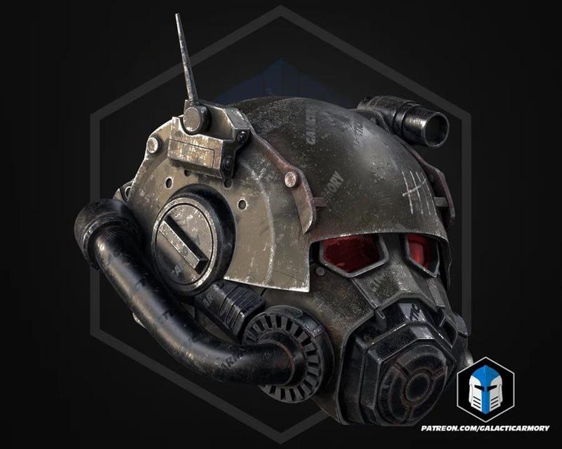 Close-up of a weathered, olive-drab NCR Power Helmet from Fallout, featuring red glowing eyes, a respirator, and an a...