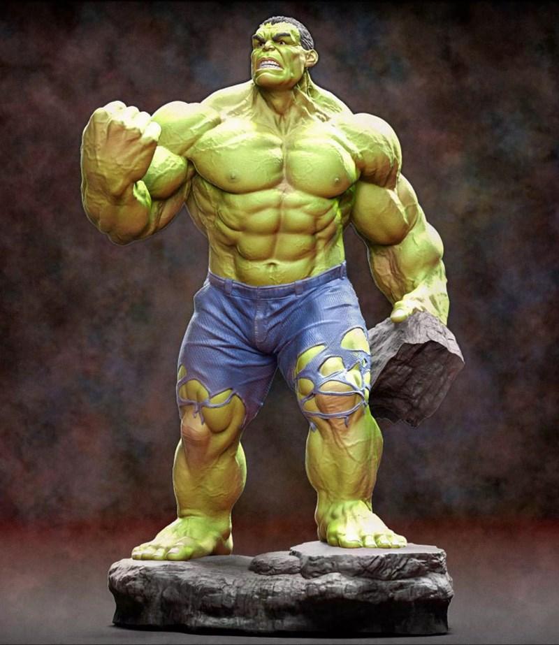 Stepanov Sculpts 3D model of the Hulk, a muscular green humanoid in torn blue jeans, holding a rock and flexing his f...