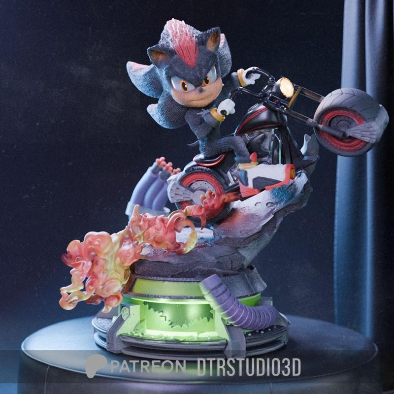 Shadow the Hedgehog riding a motorcycle with flames erupting from the base, DTR Studio 3D model.