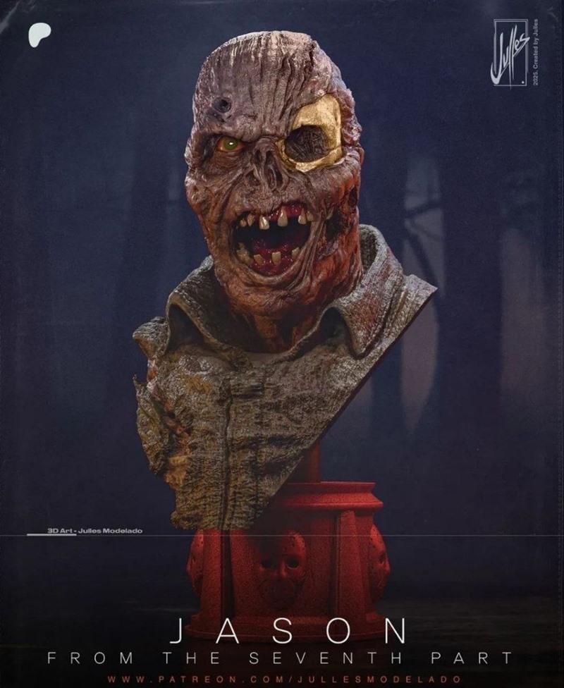 3D printable bust of a decaying Jason Voorhees head, missing an eye and with a gaping mouth, on a red skull-adorned b...