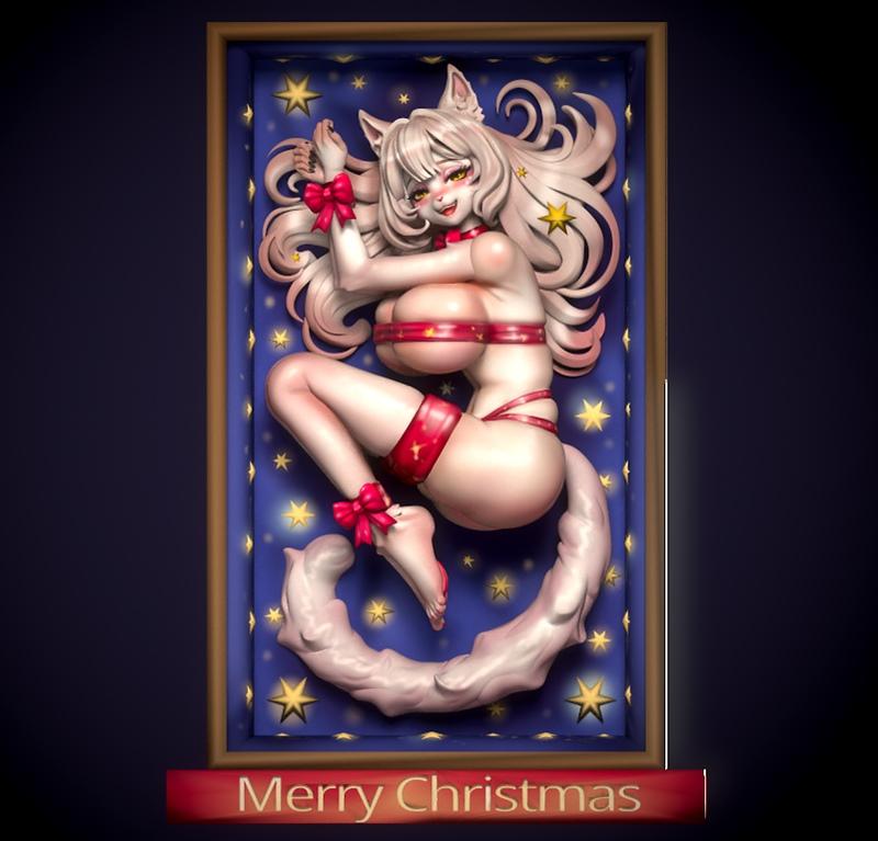 Anime-style catgirl figure in red ribbons and bows, posed suggestively with a fluffy tail against a starry blue backg...