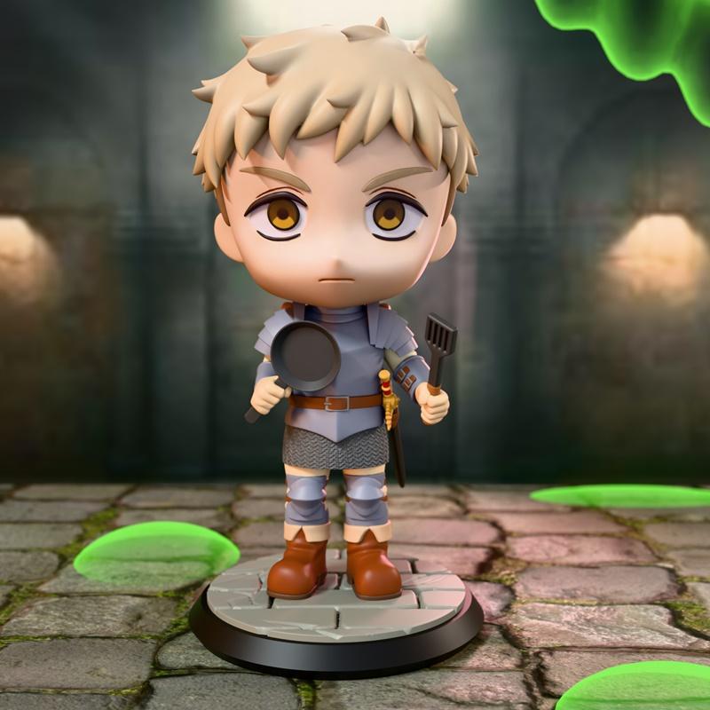 Chibi figure of Laios from Dungeon Meshi, wearing armor and holding a frying pan and spatula, standing on a cobblesto...