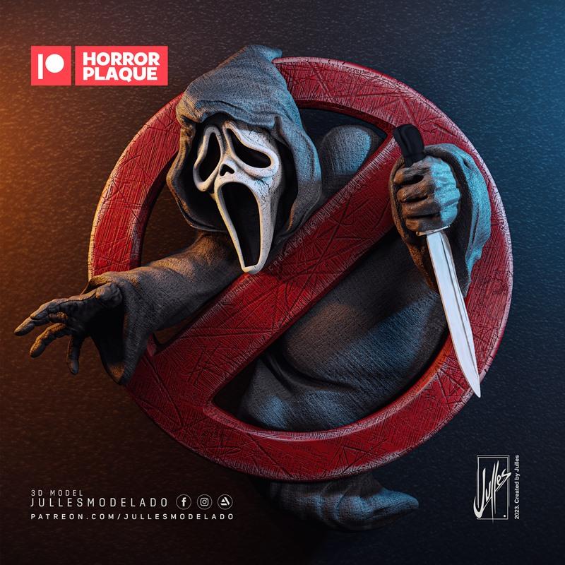 Ghostface mask and hooded figure emerging from a red prohibition circle, holding a knife. 3D model by Julles Modelado.