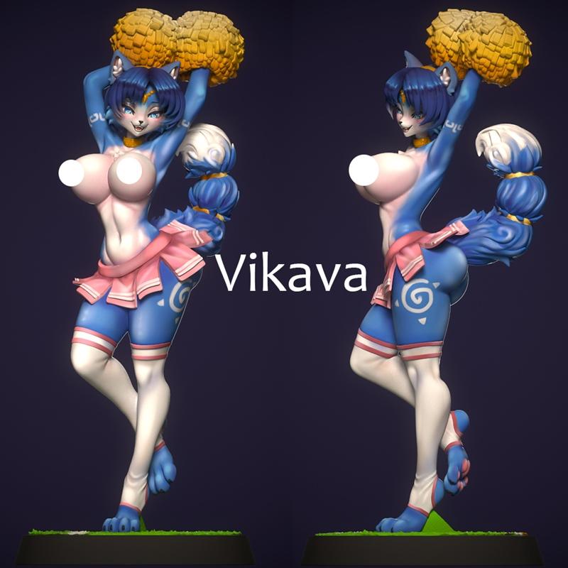 Anthropomorphic blue fox character Krystal Fox in a cheerleader outfit with blue hair and yellow pom-poms, presented...