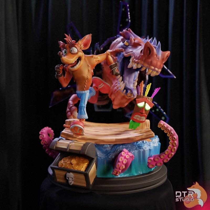 Crash Bandicoot figure with a dragon and treasure chest on a diorama base, DTR Studio model.