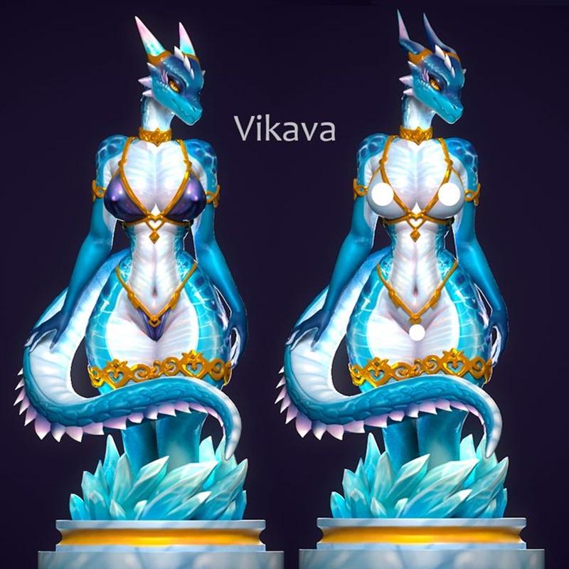 Female dragon character with blue scales, gold jewelry, and bikini top, standing on an ice base. Two versions of the...