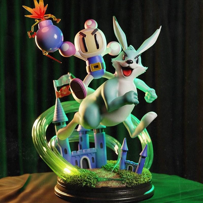 3D model figure of Bomberman racing a blue rabbit past a castle, holding a bomb, with green energy trails.