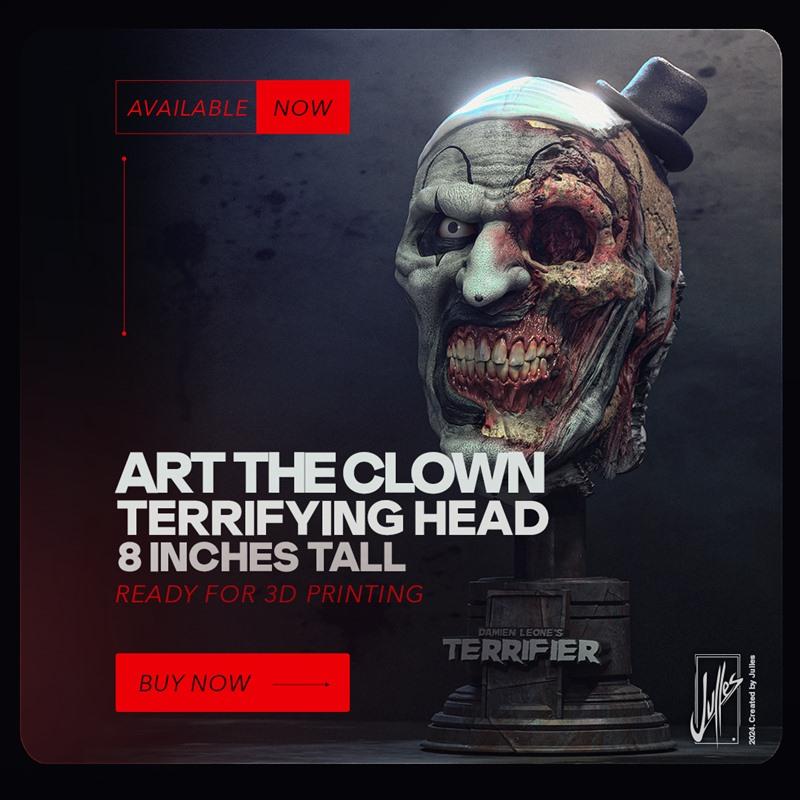 3D printable bust of Art the Clown from Terrifier, 8 inches tall, showing a gruesome, decaying face with exposed teet...
