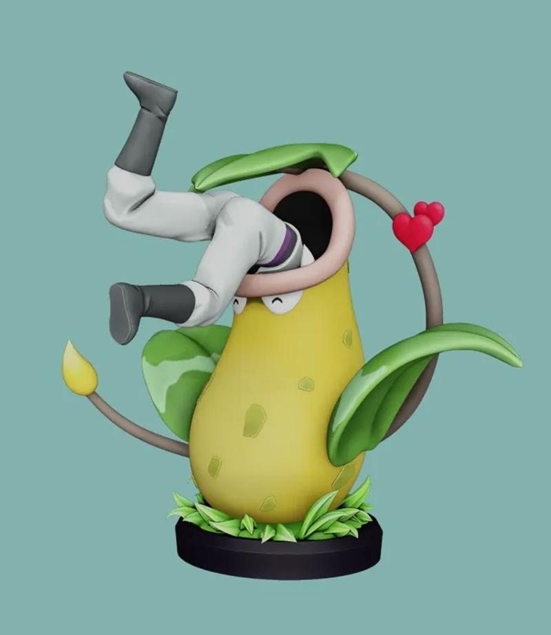 3D print model of James from Pokemon being swallowed by a Victreebel, with his legs sticking out of the plant's mouth.