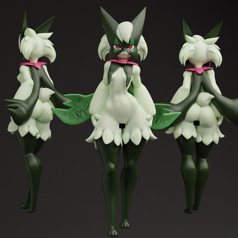 3D model of Meowscarada from Pokémon, featuring green and white attire, sharp ears, a masked face, and slender legs.