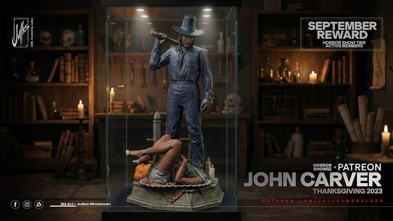 John Carver 3D model figure in a dark jumpsuit and hat, holding an axe, standing over a victim on a pumpkin base, dis...
