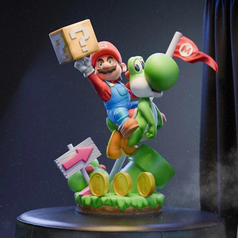 Mario riding Yoshi, holding a question block, with coins and a flag on the base. DTR Studio 3D model.