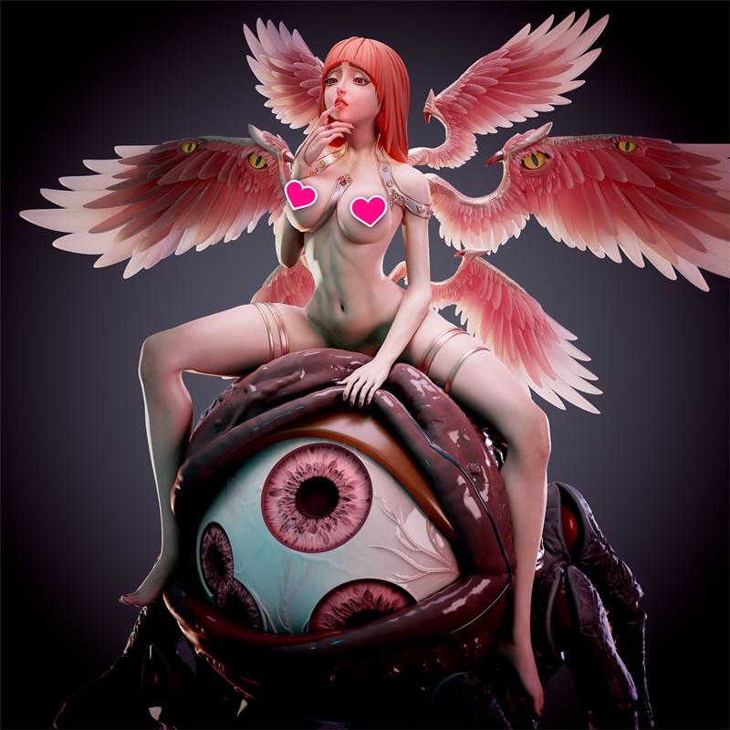 Fallen angel Serapha with red hair and pink wings sits on a large, multi-eyed demonic creature. She wears stockings a...