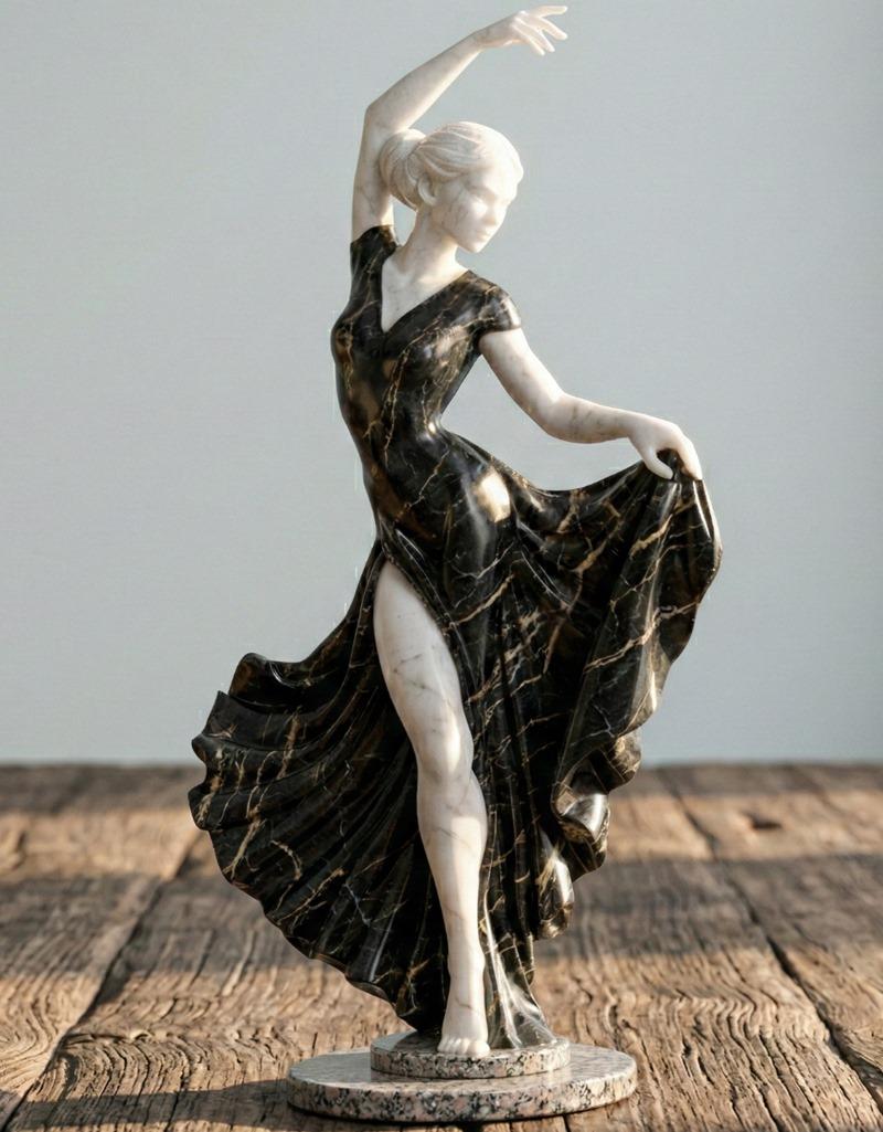 3D model of a female flamenco dancer in a flowing black dress with a high slit, striking an elegant pose on a marble...