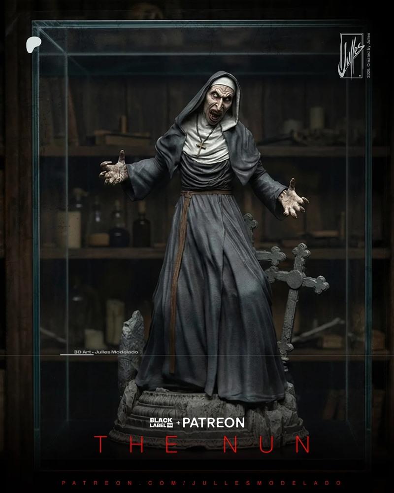 3D model of The Nun from the Conjuring Universe, a demonic figure in a tattered nun's habit, screaming with outstretc...