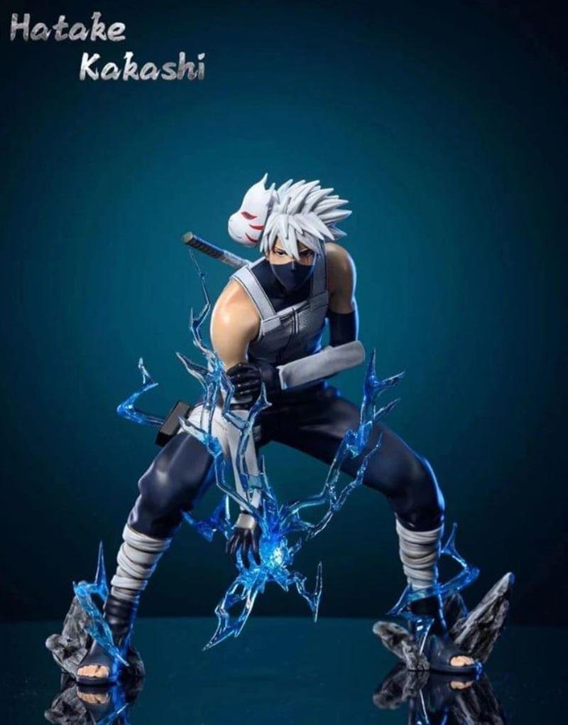 Hatake Kakashi figure in a dynamic pose with blue lightning effects, wearing a mask and ninja outfit, produced by Sup...