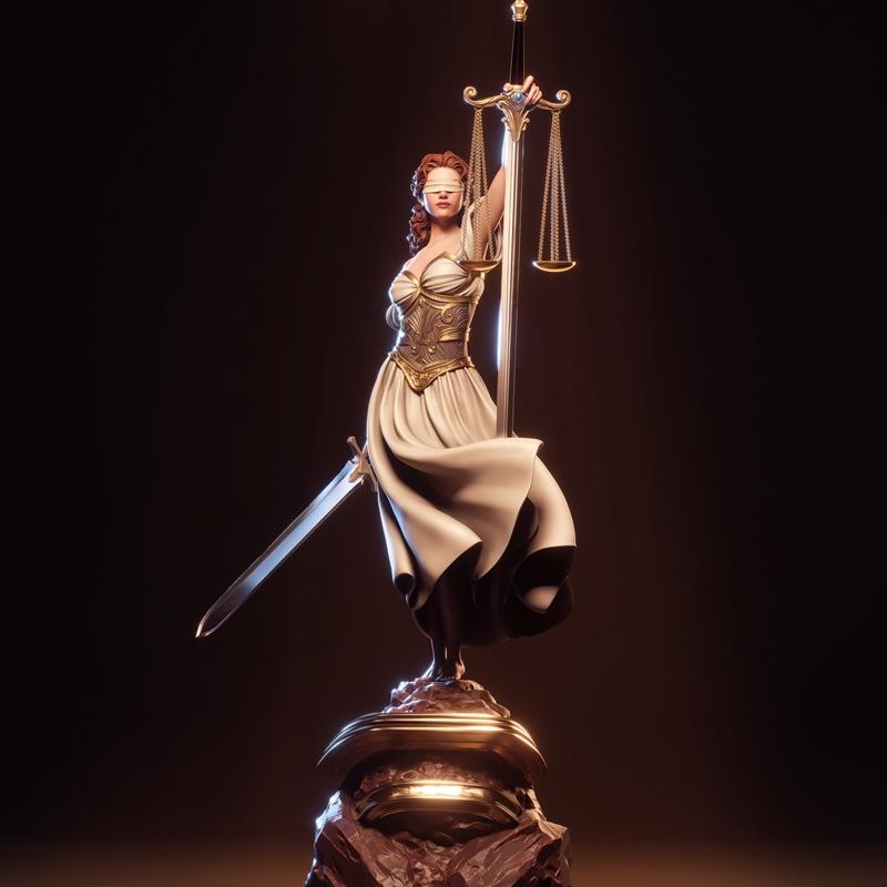 3D model of Justice figure, blindfolded, holding scales and sword, wearing a white gown and golden corset, on a rocky...