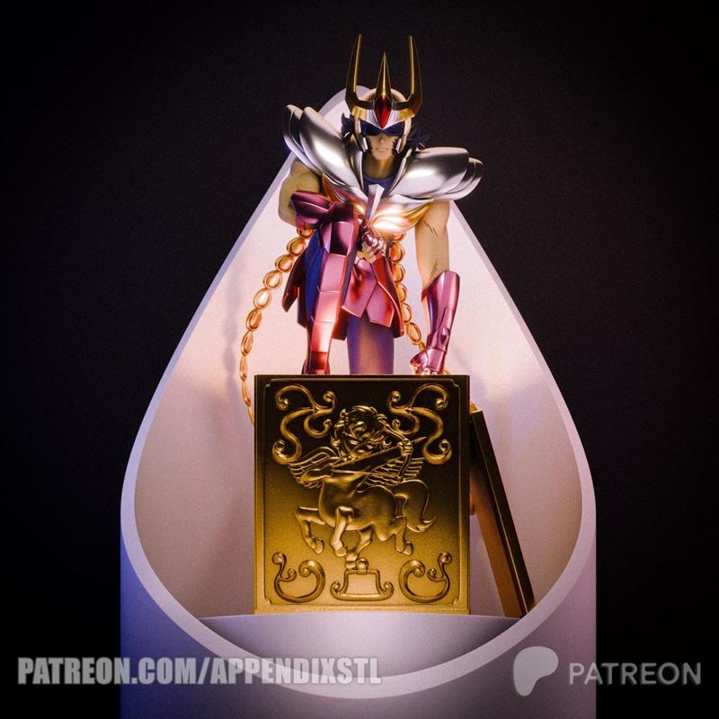 3D model of Ikki of the Phoenix from Saint Seiya in a metallic armor, standing in a war pose on a golden pedestal.
