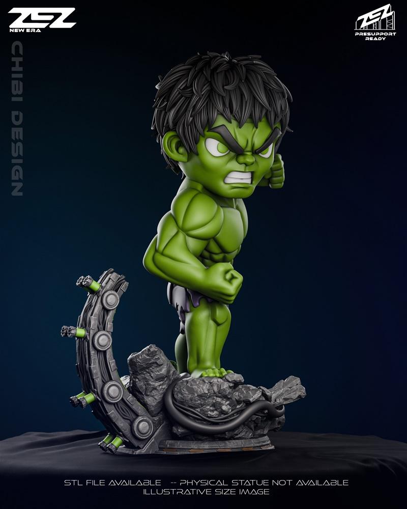 Chibi Hulk 3D model by ZEZ Studio, standing on a rocky base with mechanical parts, fists clenched in an angry pose.