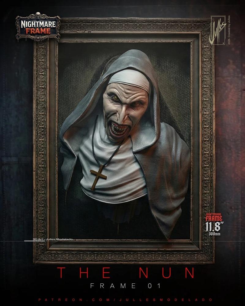 3D bust model of The Nun from The Conjuring Universe, framed in an ornate border, with a demonic expression and weari...