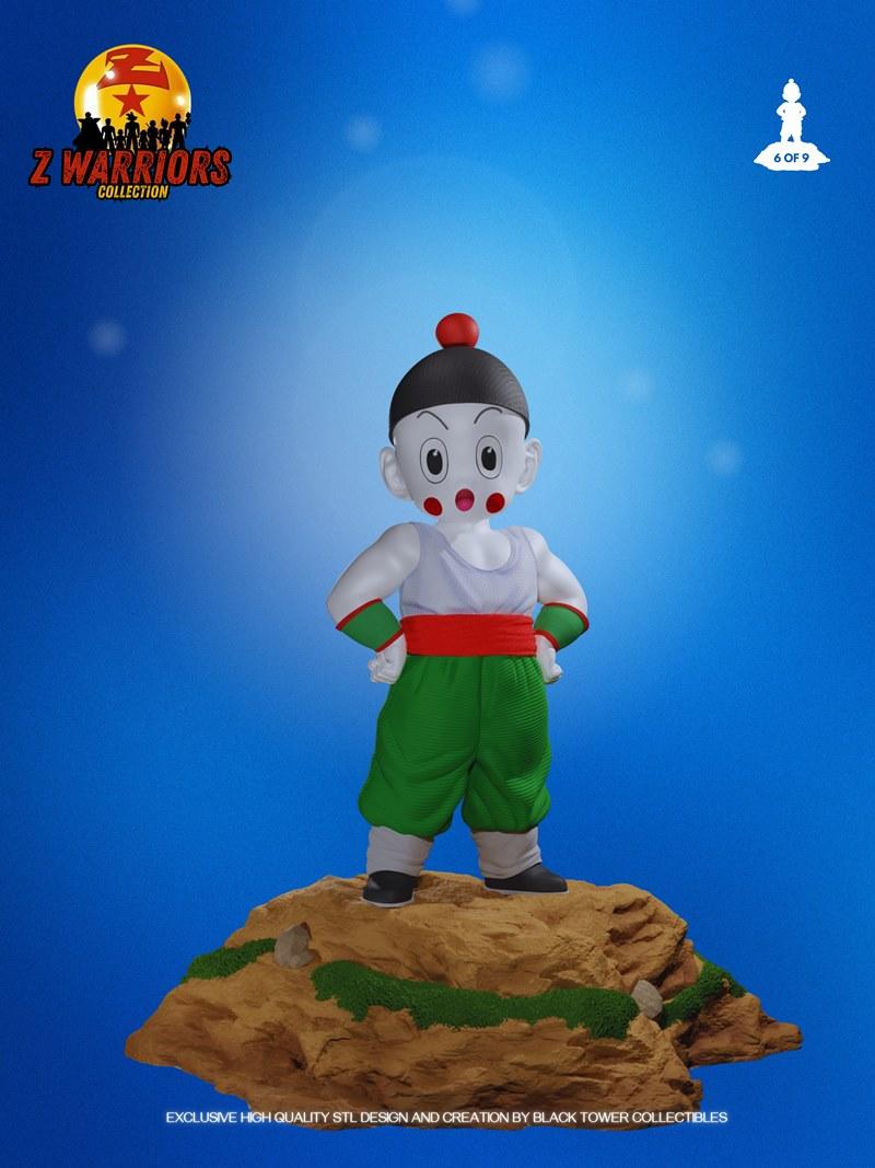 3D model of Chaoz from Dragon Ball, standing on a rocky base. He wears green pants and a red sash.
