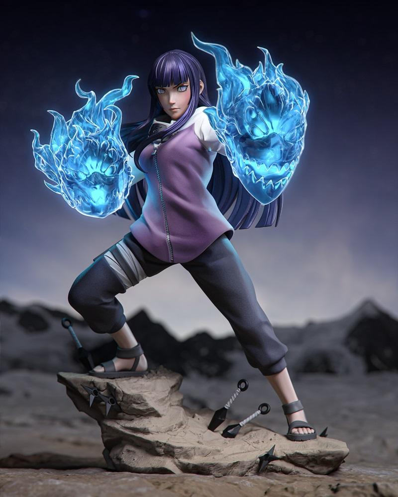 Hinata Hyuga figure in action pose, channeling blue chakra flames, surrounded by kunai and shuriken on a rocky base.
