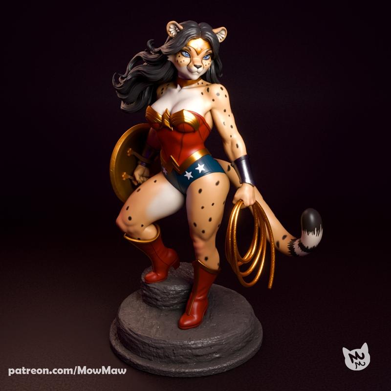 Anthropomorphic Wonder Woman as a cheetah, wearing her classic costume with lasso and shield, posed heroically on a r...