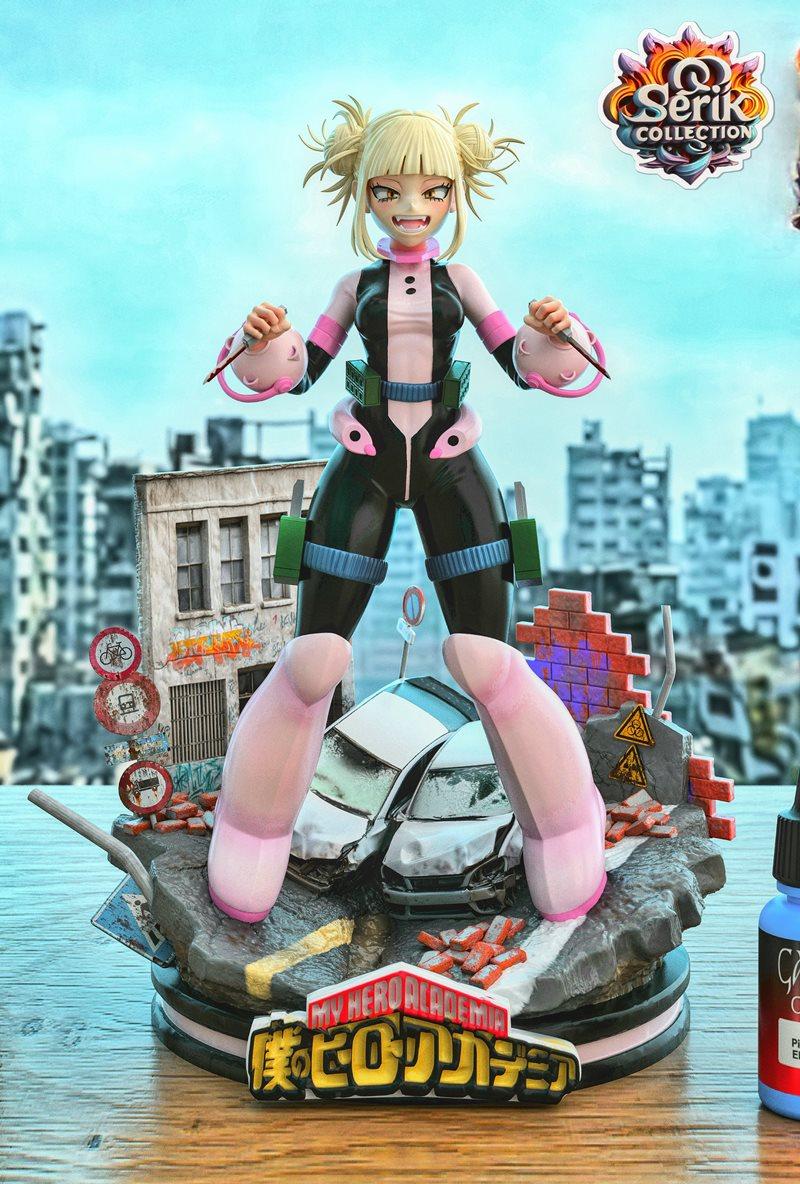 3D model figure of Toga Himiko from My Hero Academia, standing on a diorama base with crashed cars and debris, holdin...