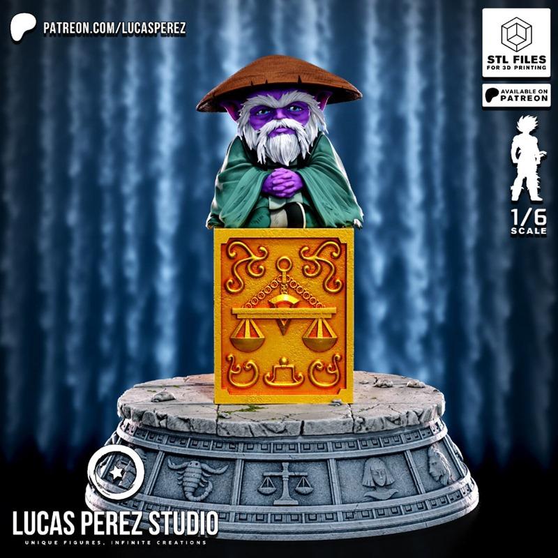 1:6 scale 3D model of Dohko Libra from Saint Seiya, featuring purple skin, white beard, conical hat, green robes, and...