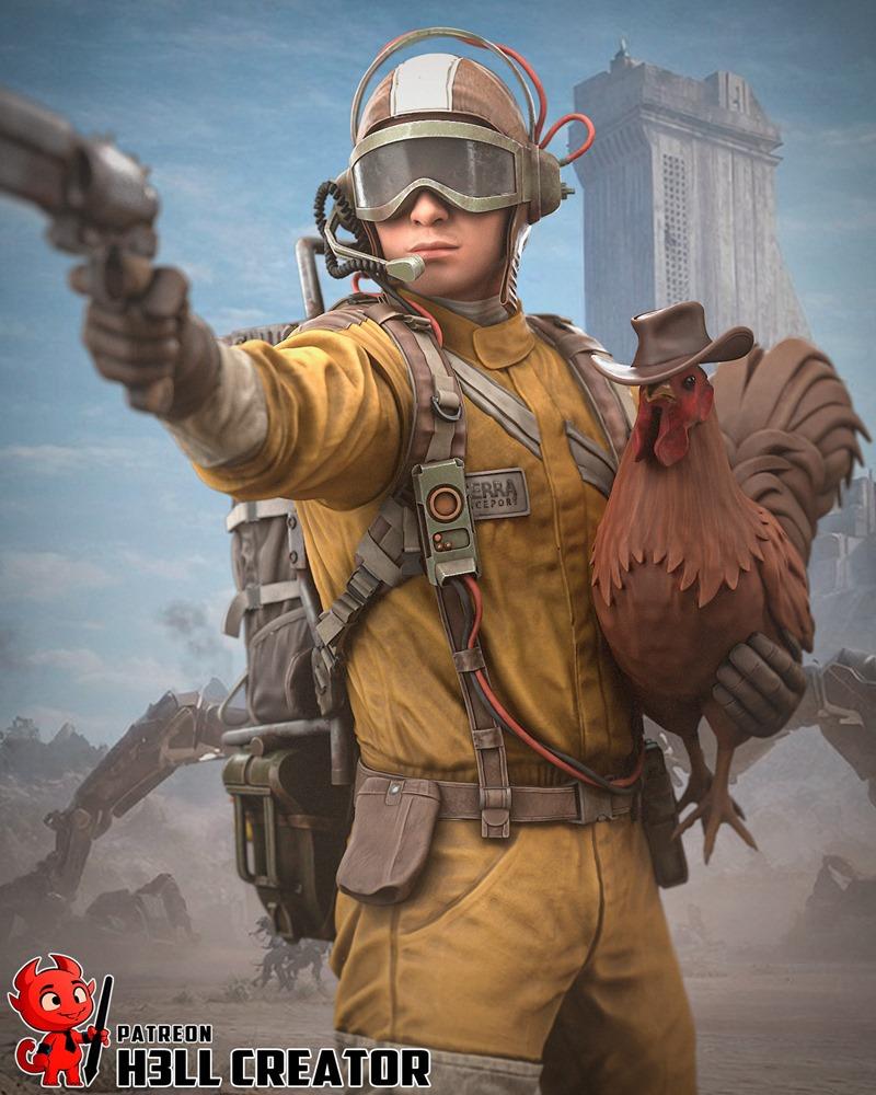 Sci-fi raider figure in yellow jumpsuit holding a gun and a chicken wearing a cowboy hat, with a backpack and goggles.