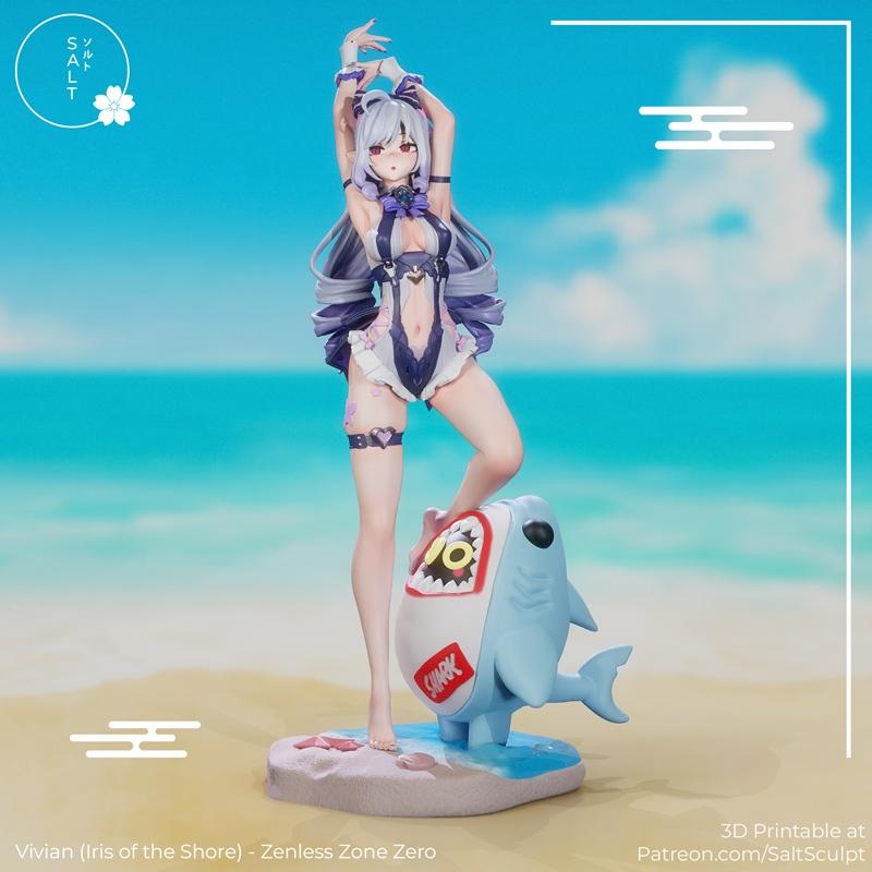 Vivian from Zenless Zone Zero striking a pose on a beach, one foot on a cartoon shark accessory. She wears a revealin...