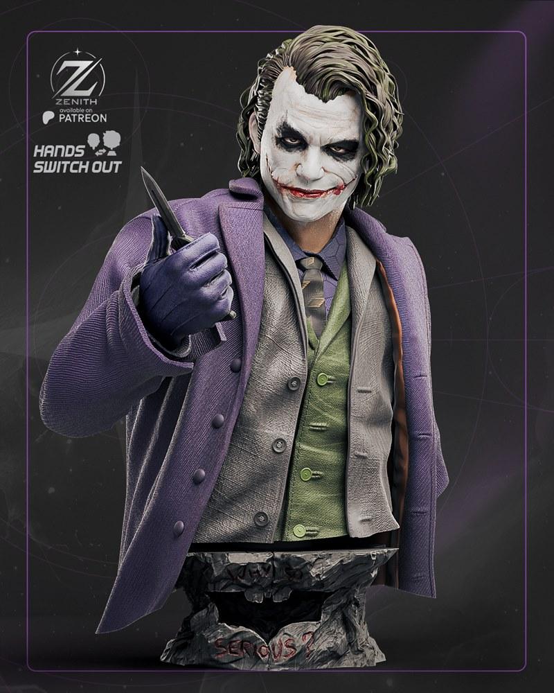 3D printable bust of The Joker from DC Comics, wearing a purple coat, grey waistcoat, and clown makeup, holding a kni...