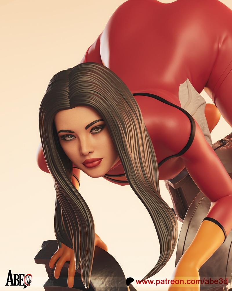 Jessica Drew Spider-Woman 3D model in a low, dynamic pose, wearing a red suit with black accents and yellow gloves. D...