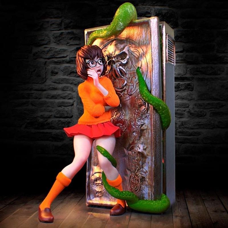 3D model of Velma from Scooby-Doo, wearing an orange sweater and red skirt, looking scared as green tentacles wrap ar...