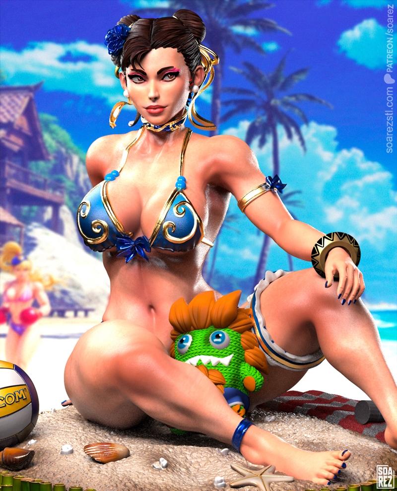 3D model of Chun-Li in a blue and gold bikini sitting on a beach, holding a green plush toy. Tropical background with...