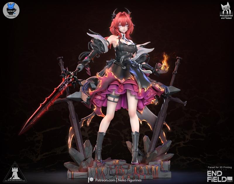 Laevatain from Arknights figure by Neko Figurines, standing on a fiery base with a large red sword and a fire orb, we...