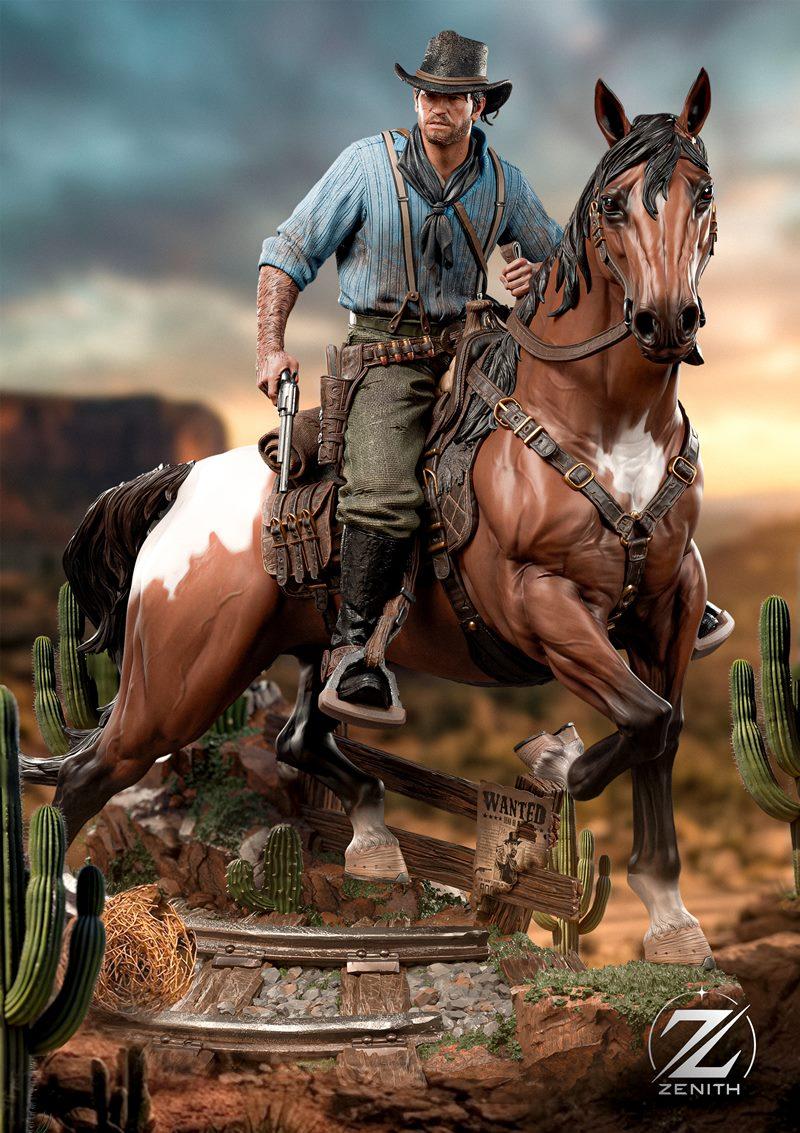 3D model of Arthur Morgan on horseback, wearing cowboy attire and holding a revolver, with a Western landscape base.