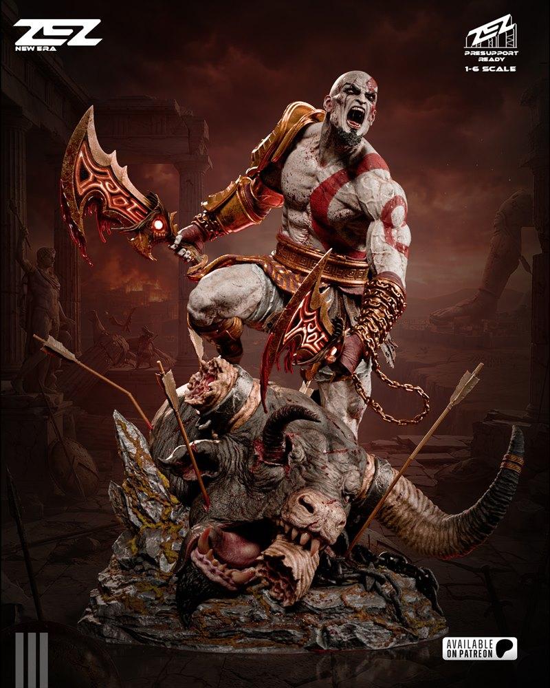 ZEZ Studio Kratos figure in a heroic pose, wielding the Blades of Chaos over a defeated, gore-covered beast. 1:6 scal...