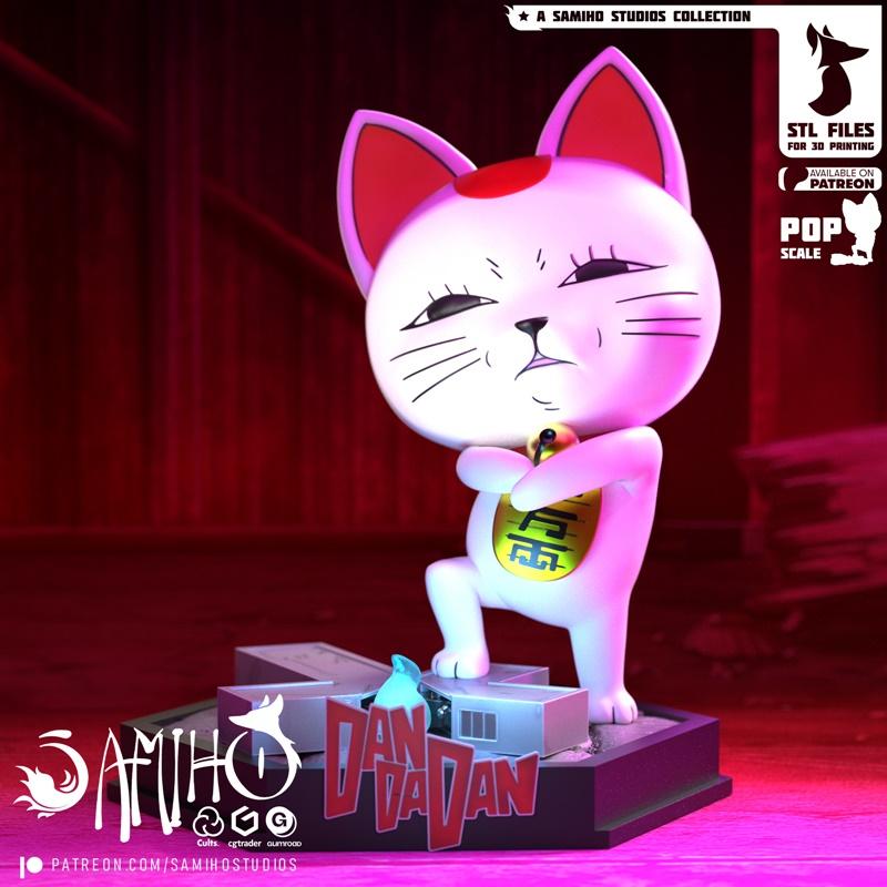 Samiho Studios Turbo Granny 3D model figure of a stylized white cat with pink ears, holding a gold charm, standing on...