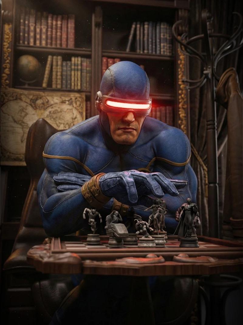 Cyclops in blue uniform with glowing red visor, seated at a chess board, CA 3D Studios 3D print model.