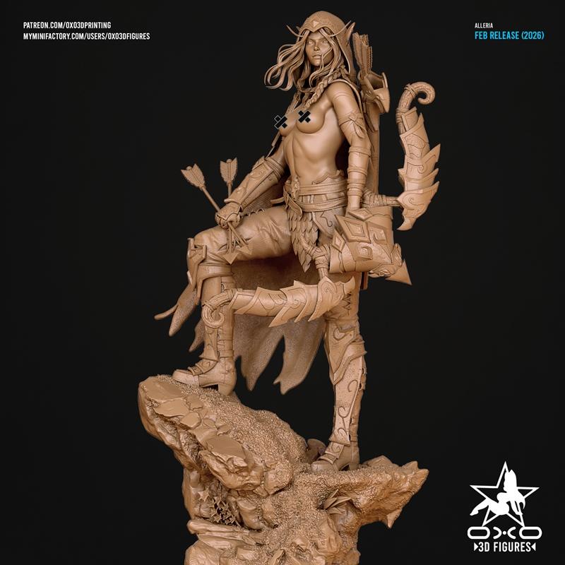 3D model of Alleria Windrunner, a female elf archer from Warcraft, in a dynamic pose with bow and arrows, on a rocky...