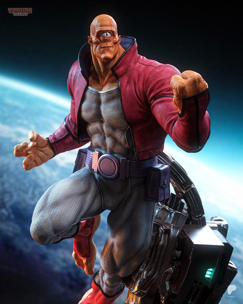 Allen the Alien from Invincible, posed heroically in a red jacket and grey pants, floating in space with Earth visible.