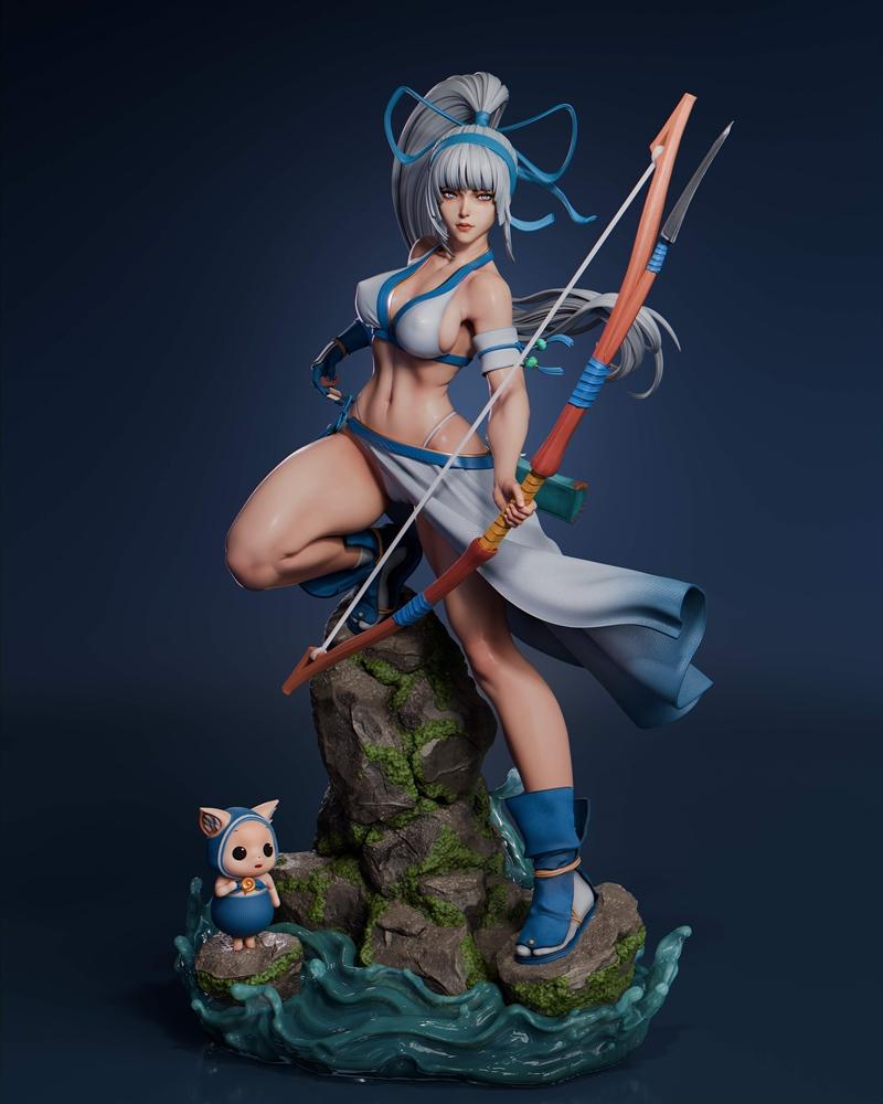 Mina Majikina 3D model figure, athletic female archer in revealing blue and white outfit, holding a bow and arrow, po...